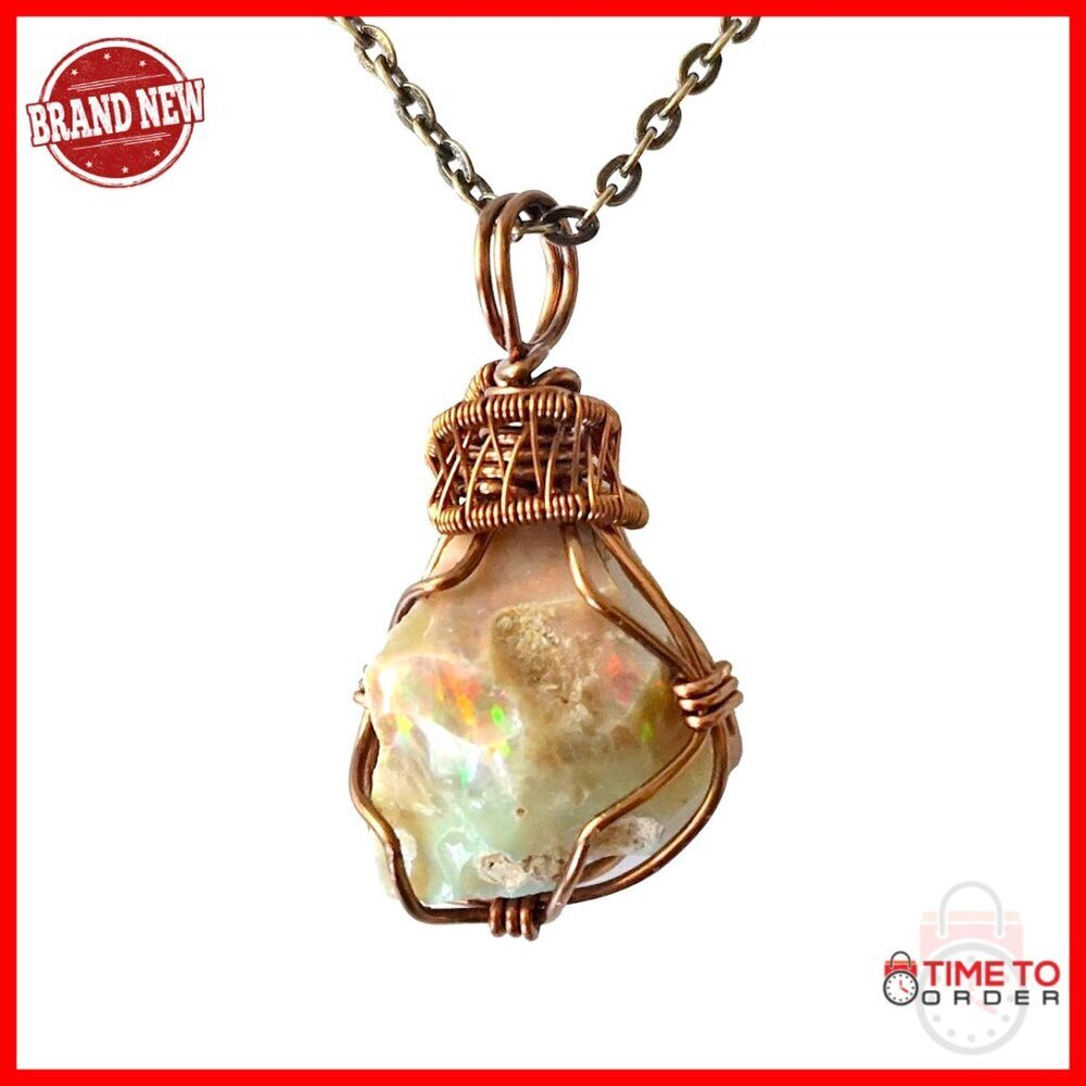 Handmade Fire Opal Pendant Necklace, 10-12ct Raw Crystal, 24" Antique Bronze
